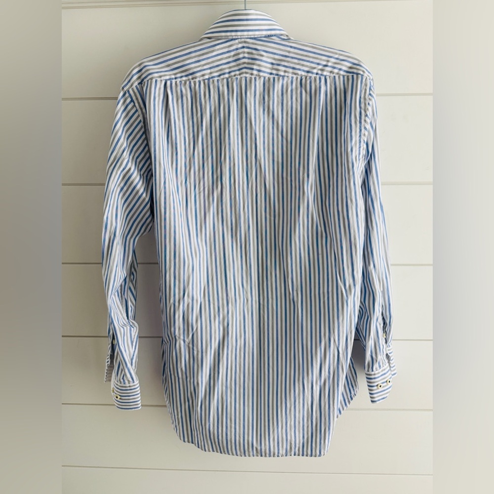 Men’s Peter Millar Blue and White Vertical Stripe Dress Shirt, Size Medium - Picture 2 of 8